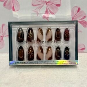 Nail Reformation Press On‎ Nails Brown Gold Accent Sun Stone Almond 30 Nails